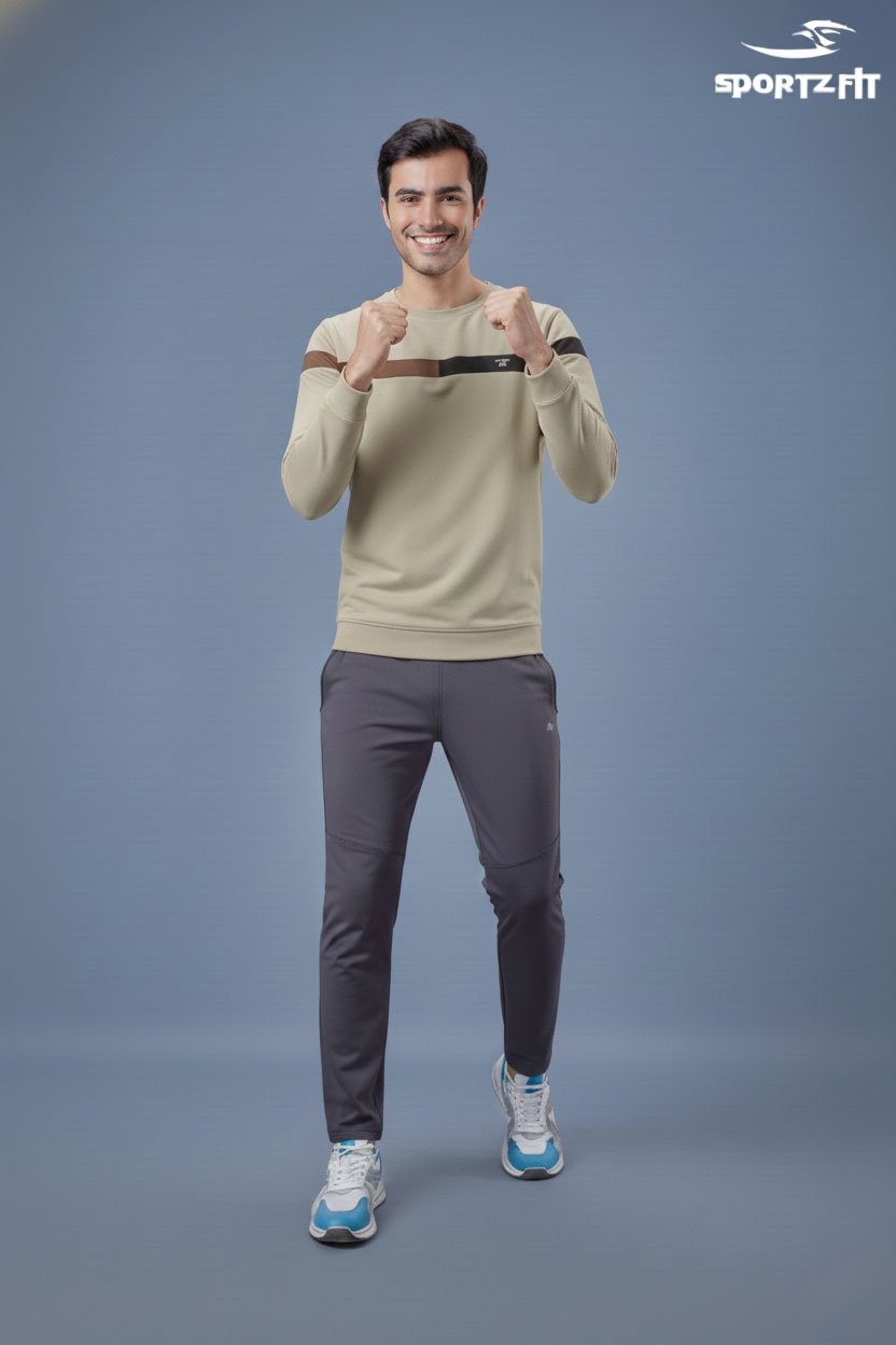 Men Round Neck Full Sleeve T-Shirt - Light Beige | L | SBT59